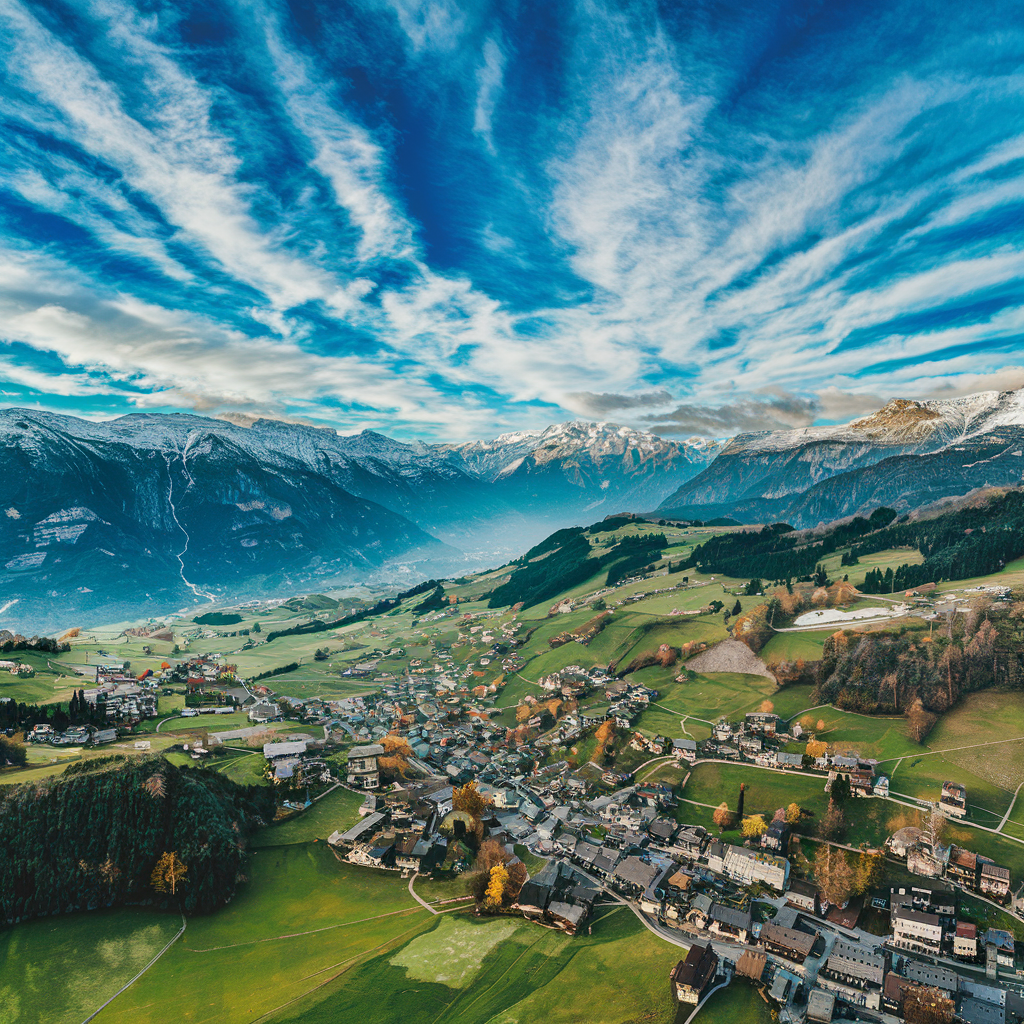 Atemberaubende Drohnenaufnahme eines Tiroler Dorfes mit umliegenden grünen Wiesen und verschneiten Alpengipfeln