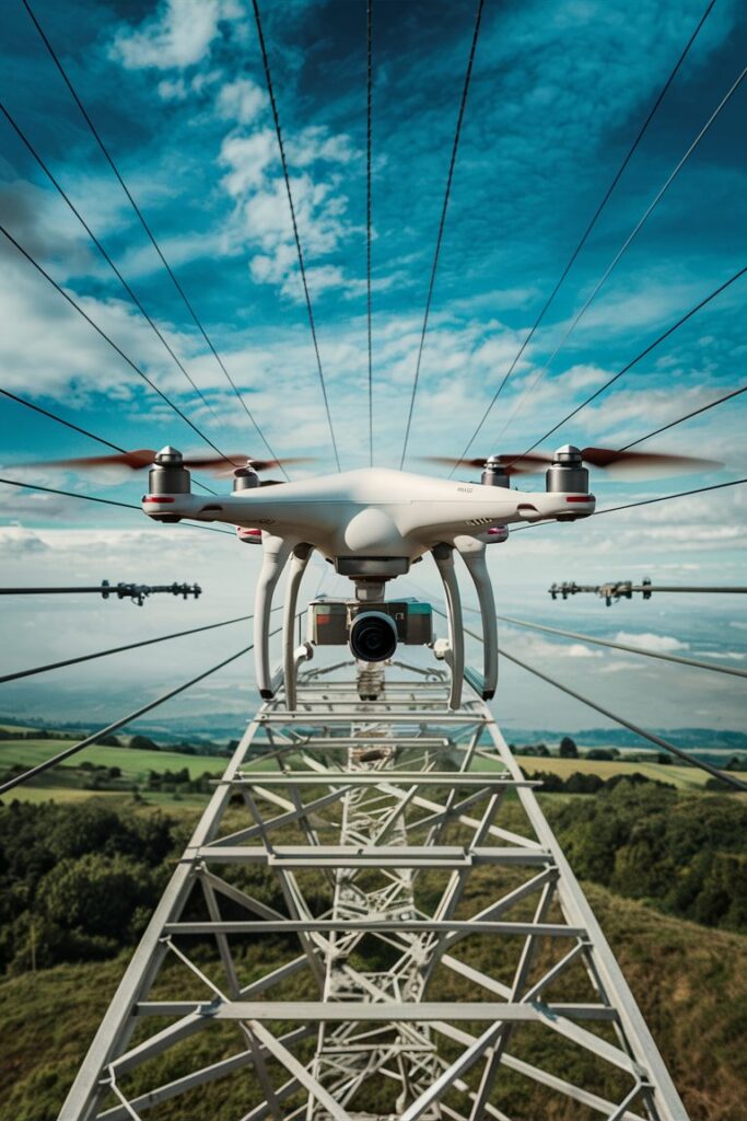 Drohne fliegt für Inspektionsarbeiten nah an einem Strommast mit Blick auf das ländliche Hinterland und Himmel im Hintergrund