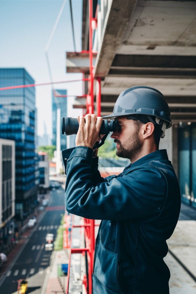 Bauingenieur in Schutzhelm verwendet Fernglas für Drohnenüberwachung bei einem Bauprojekt in urbaner Umgebung