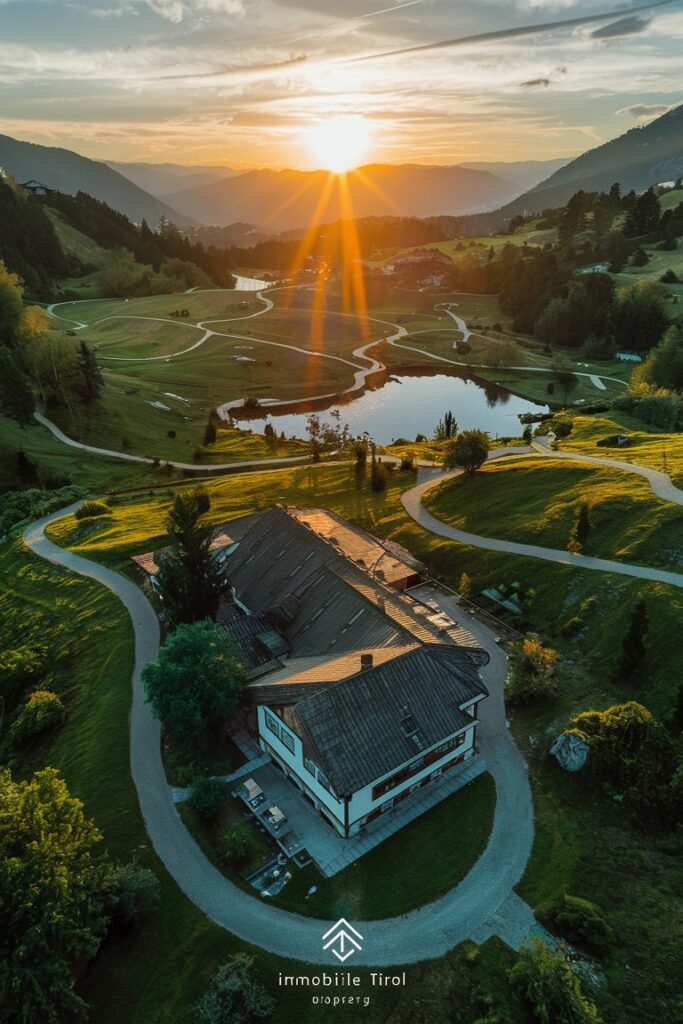 Luftbild einer Immobilie in Tirol bei Sonnenuntergang, aufgenommen mit einer Drohne, zeigt das Gebäude und die umliegende Landschaft in goldenem Licht